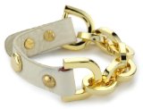 Leslie Danzis White Leather Adjustable Gold Link Snap Bracelet